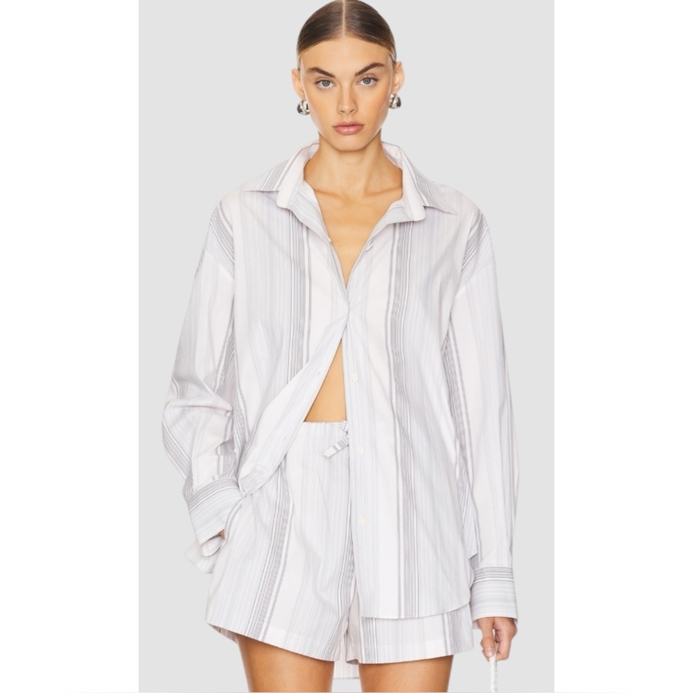 FAITHFULL | En Vau Oversized Button Down Cotton Shirt in Striped Soft Blue, Sz 4